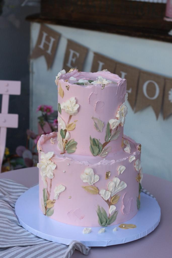 Just Married buttercream slab wedding cake outdoors